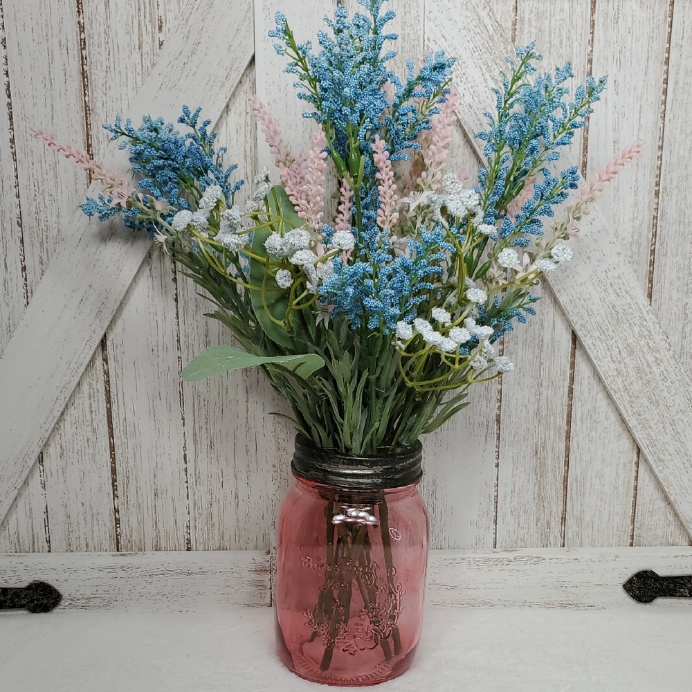 Pink Glass Mason Jar Vase with Faux Floral Arrangement Country Farmhouse